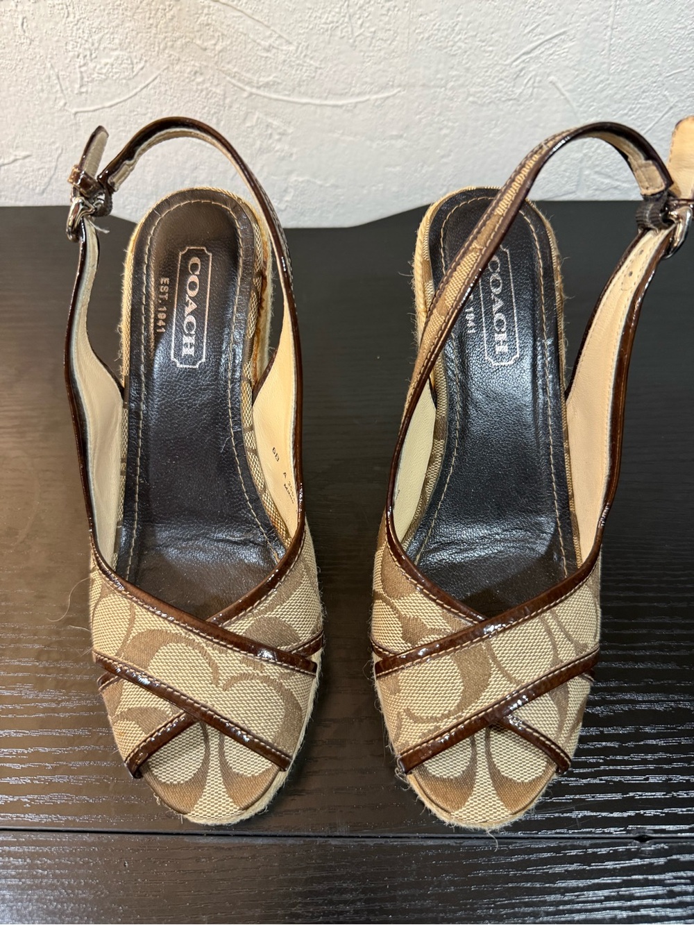 Coach Kara A3552 Signature C Espadrille Wedge Sandals Khaki Brown 6B Y2K